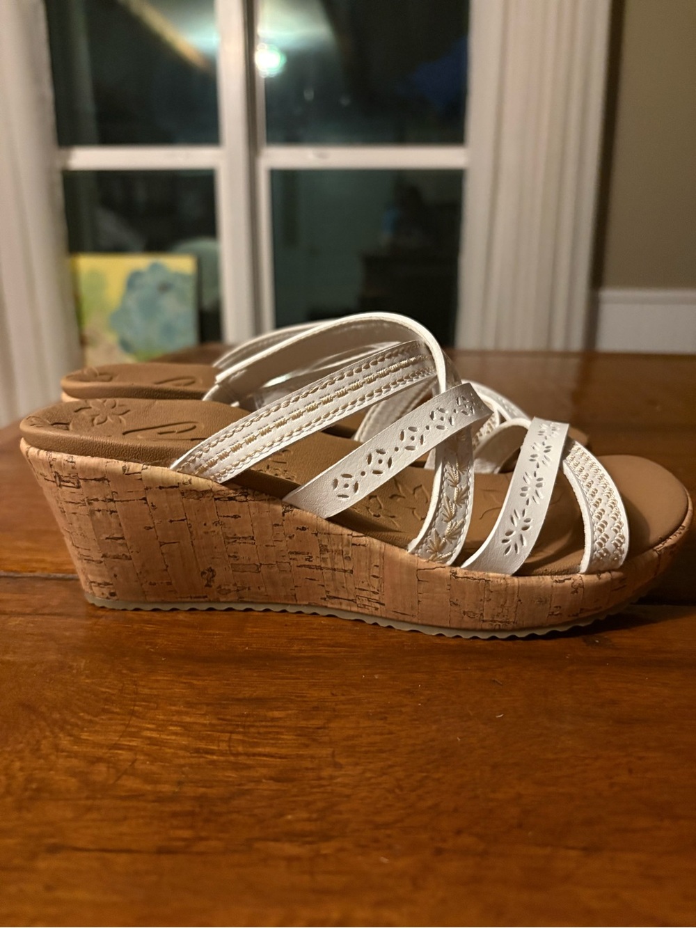 Skechers White Strappy Cork Wedge Sandals